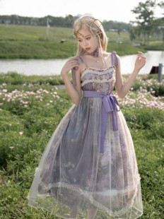 树荫处 盛开 青lo原创油画感印花吊带jsk蝴蝶结连衣裙 油画集