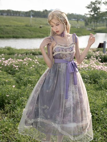 【油画集-盛开的树荫处】青lo原创油画感印花吊带jsk蝴蝶结连衣裙