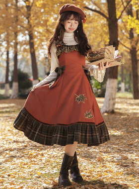 【拾秋记】树叶刺绣JSK全款预约链接-青LO原创Lolita片裁复古穿搭