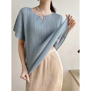 新款 三宅褶皺夏季 時(shí)尚 海外正品 百搭寬松顯瘦T恤女圓領(lǐng)短袖
