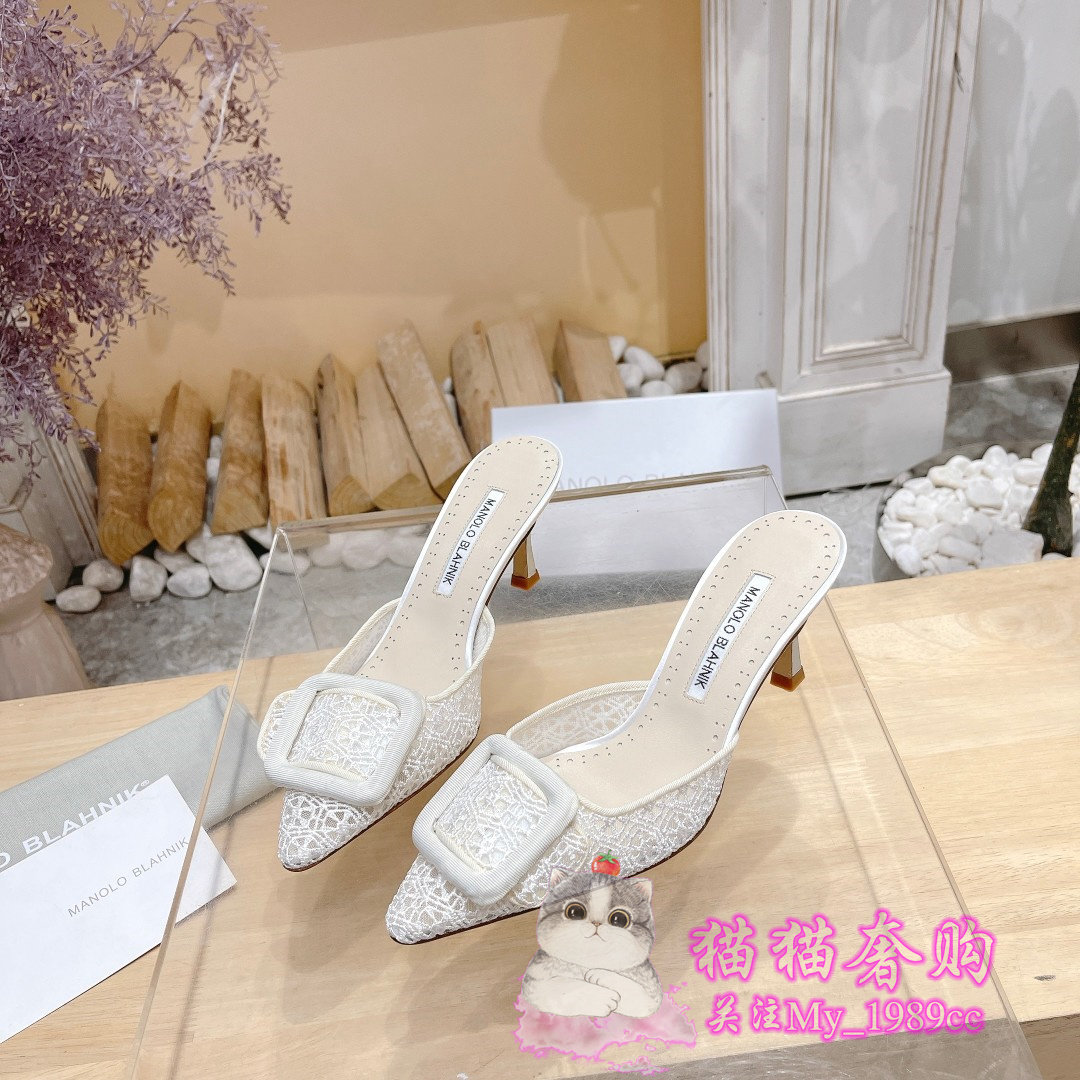 代购manolo blahnik/mb女鞋 2024新款蕾丝尖头方扣凉拖鞋女高跟鞋