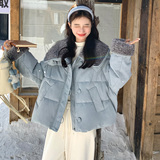 羊羔毛拼接大翻领羽绒服外套女冬季2025减龄白鸭绒磨砂水洗皮外套，女装羽绒服，2C100