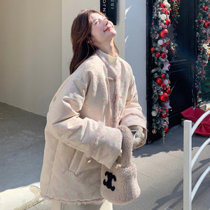 浅粉色国风印花短款羽绒服女冬季高级感气质加厚保暖90白鸭绒外套图片