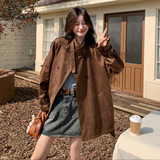 美拉德棕色中长款立领麂皮风衣外套女秋2025新款英伦风高级感大衣，女装风衣，2C100