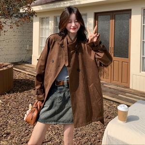 美拉德棕色中长款立领麂皮风衣外套女秋2025新款英伦风高级感大衣图片