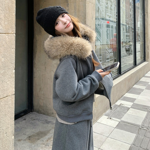 韩版大毛领连帽卫衣套装女2025冬季新款加绒加厚阔腿裤两件套休闲图片