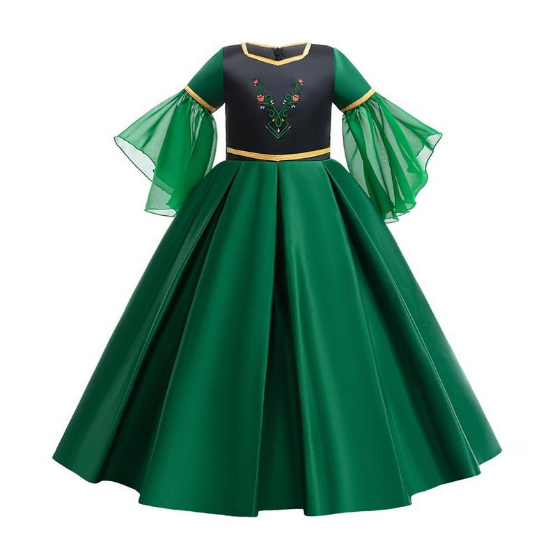 冰雪奇缘爱莎安娜公主裙女童绿色喇叭袖长裙anna加冕纱裙生日礼服