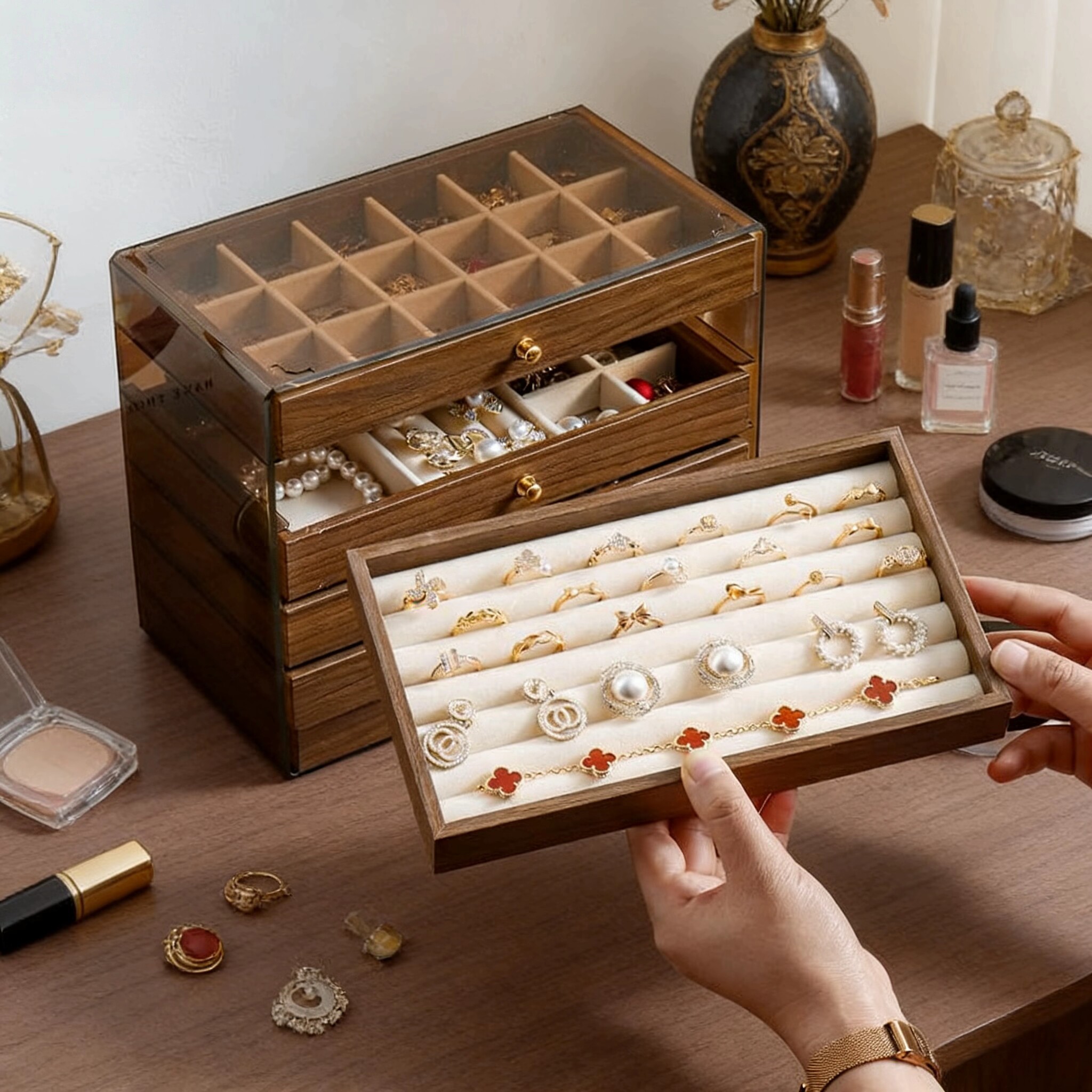 多层抽屉首饰收纳盒胡桃木色大容量耳环手镯项链黄金珠宝整理柜