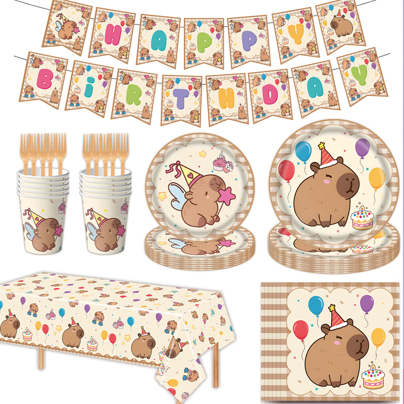 水豚主题生日桌布纸盘纸杯海报