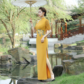 高弹力新款 优雅中国风妈妈古法走秀端庄大气礼仪演出旗袍 上市长款