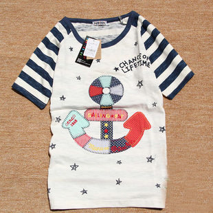 2024夏季新款女装日系rough短袖贴布船锚上衣竹节棉海军条纹t恤女