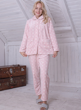 专柜同步秋冬新款 欧林雅女士法莱绒保暖睡衣家居服套装FJ85247