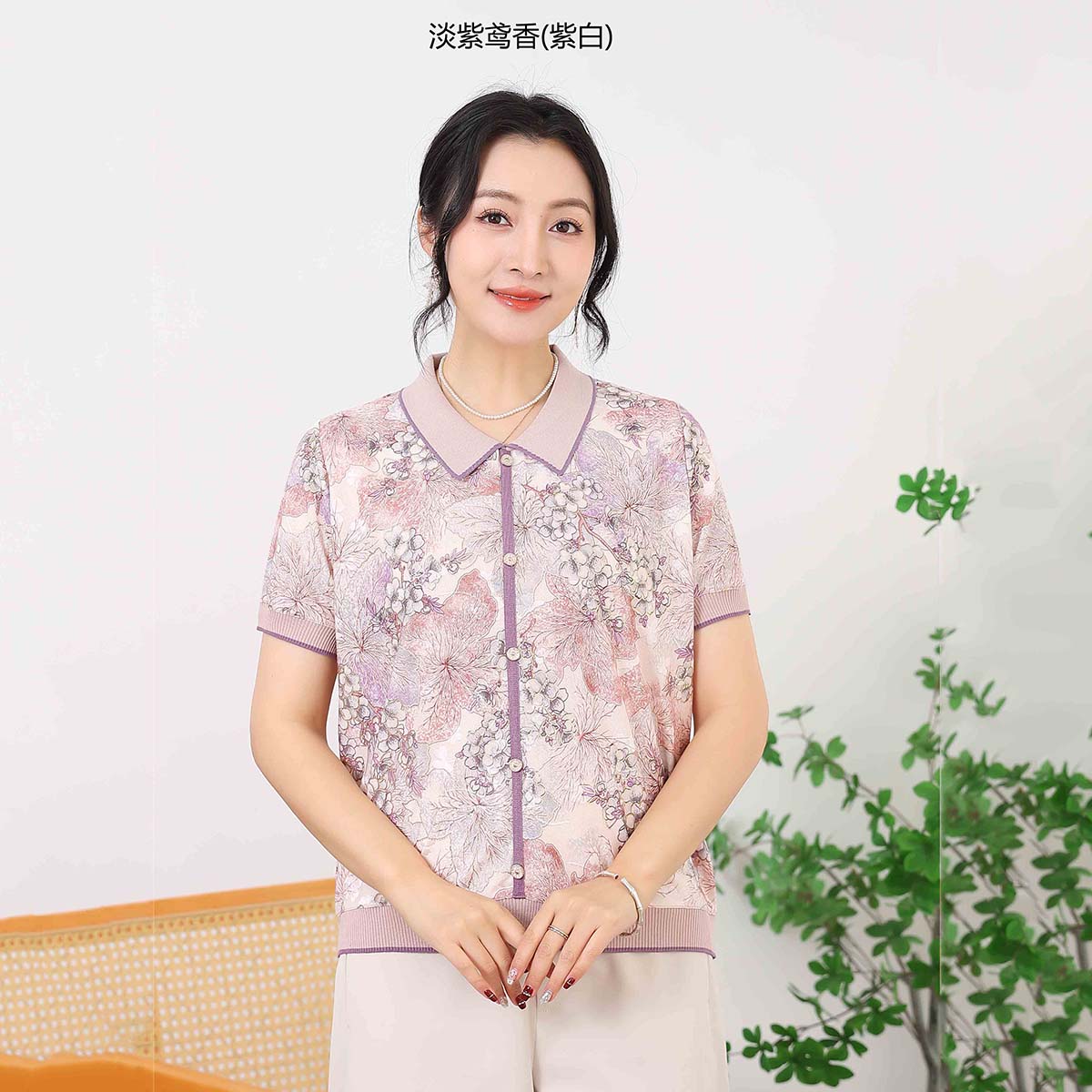 新款专柜正品欧林雅女士提花冰蚕妈妈圆领衣短袖单衣外穿ZFYS3229