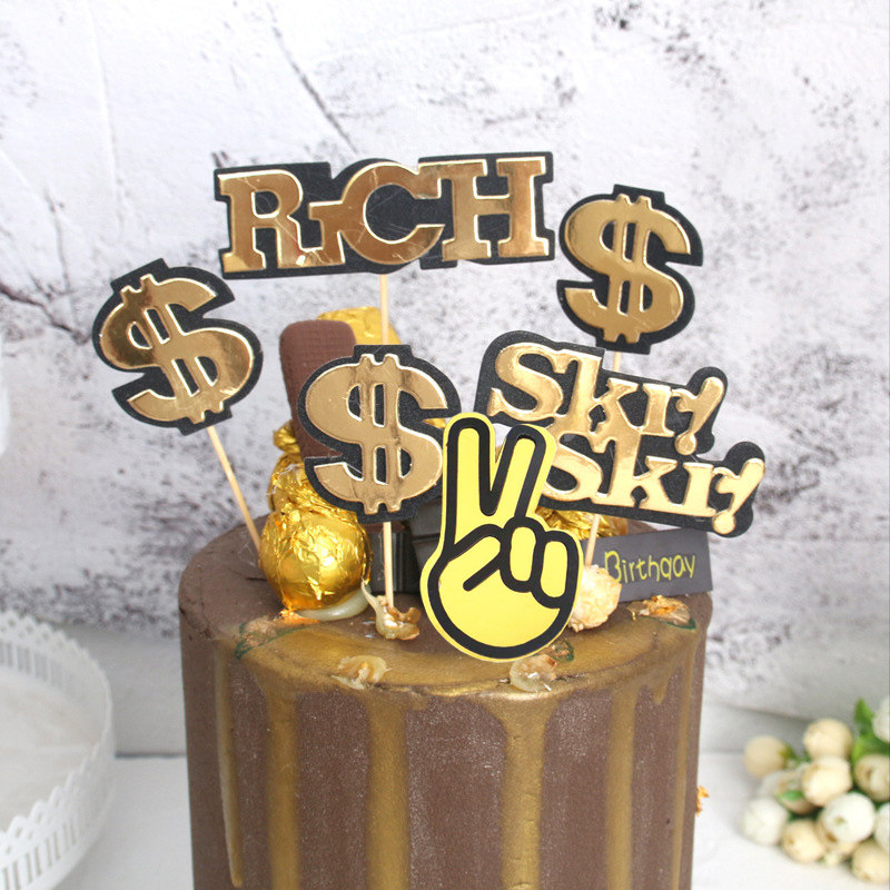 美金美元蛋糕插牌 富翁愿望土豪金蛋糕装饰 抖音手势数钱生日插旗