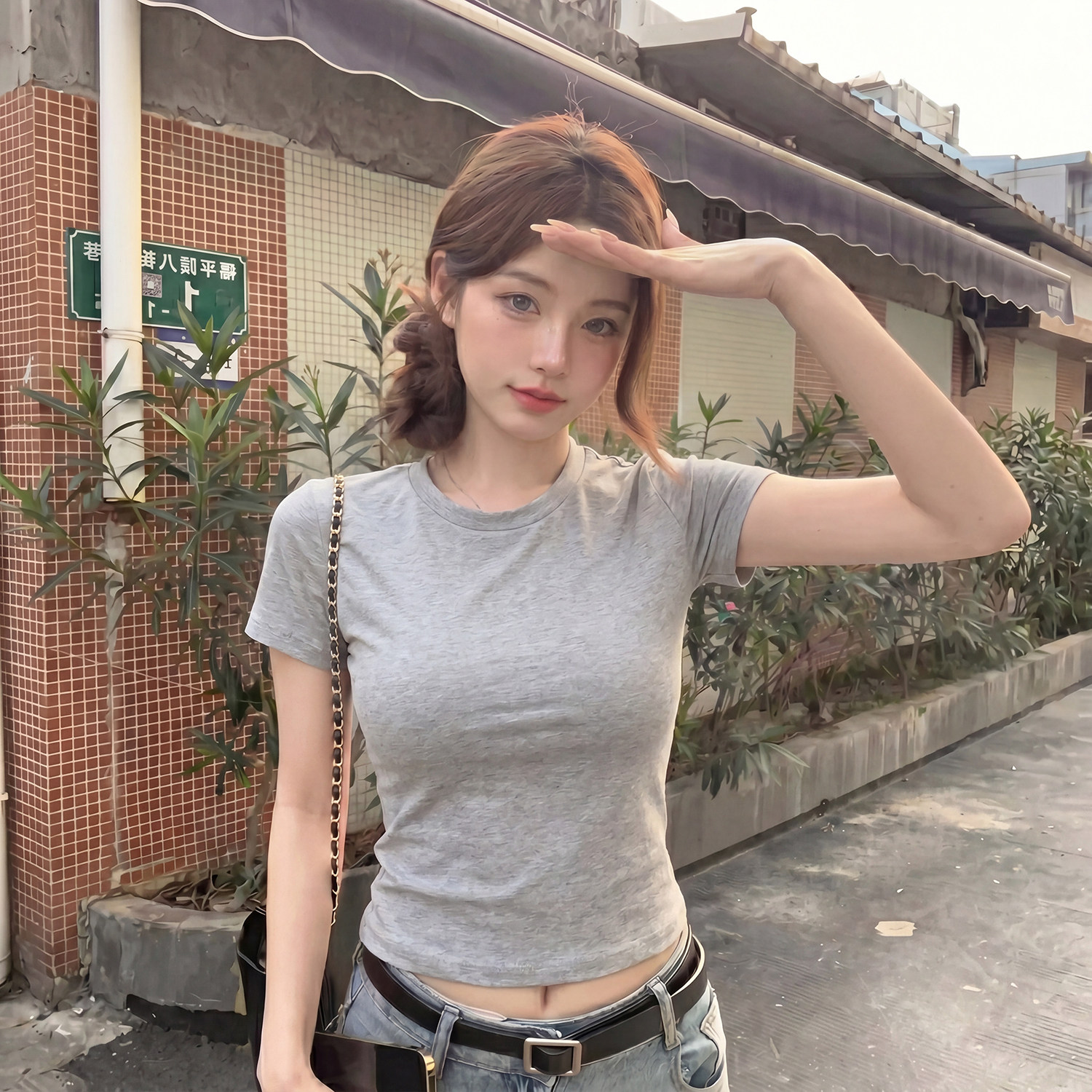 露脐短款灰色圆领短袖t恤女夏季