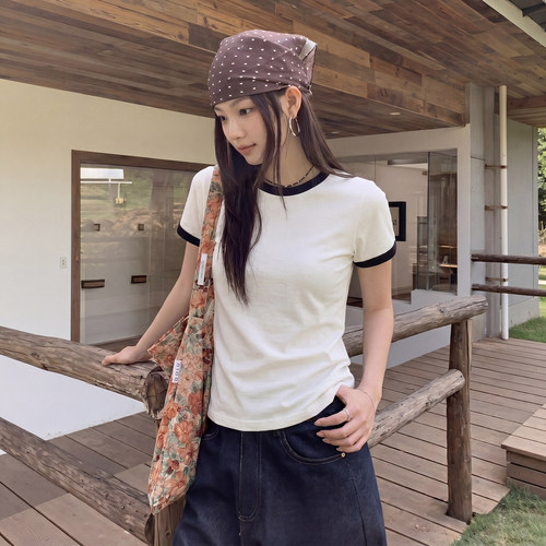 微宽松拼色圆领短袖t恤女夏