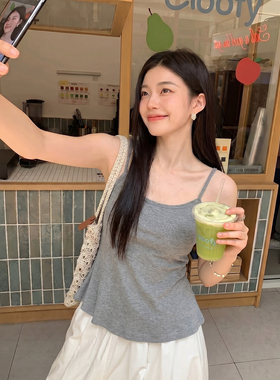 带胸垫吊带背心女夏外穿灰色针织美背文胸一体泰国绝美掐腰小上衣