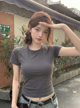短款高腰灰色圆领短袖t恤女夏2026新款纯棉修身显瘦露脐辣妹上衣