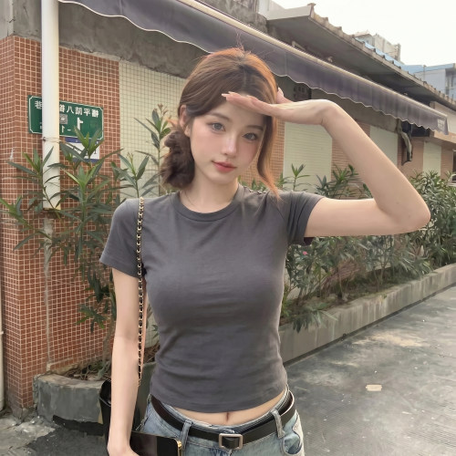 纯棉高腰短款圆领短袖t恤女夏季