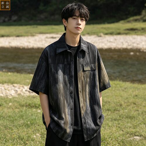 机能短袖衬衫男夏季凉感透气工装翻领衣服冰丝口袋户外休闲风衬衣