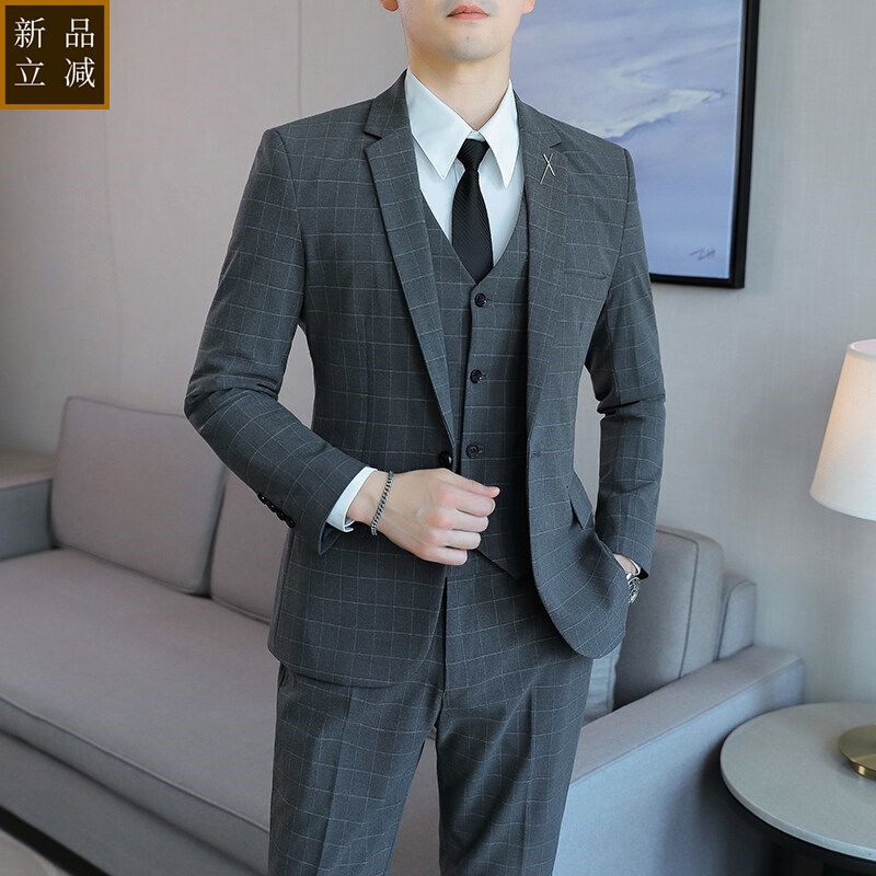 品质格子西服套装男韩版商务正装三件套修身伴郎新郎结婚休闲西装