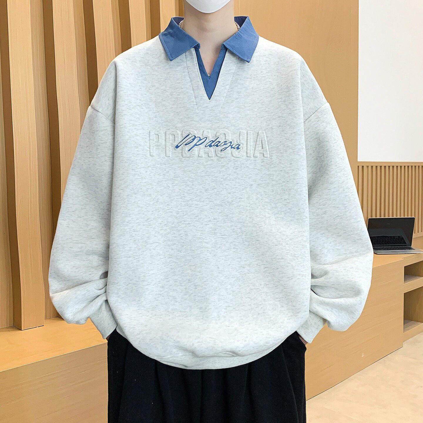 假两件卫衣男春秋款重磅潮牌青少年帅气上衣设计感衬衫领长袖t恤