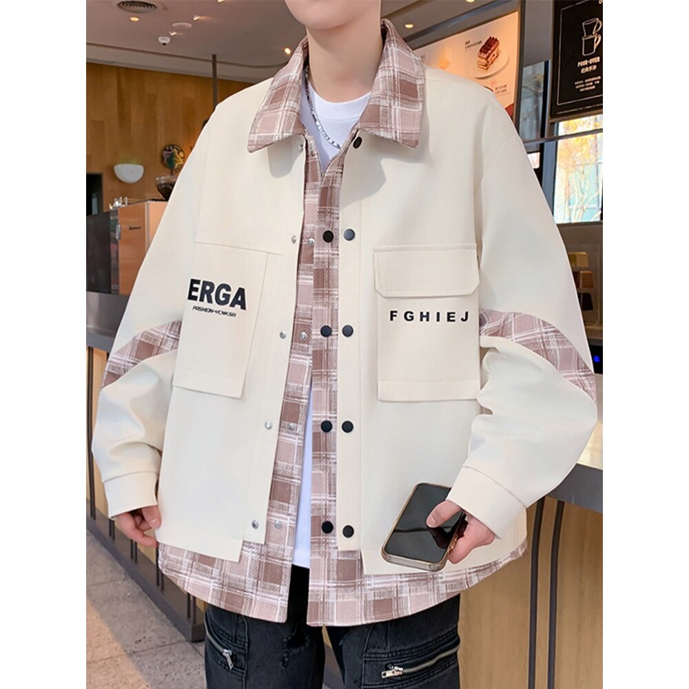 假两件外套男春秋款衬衫式夹克男潮牌格子拼接上衣青少年港风褂子