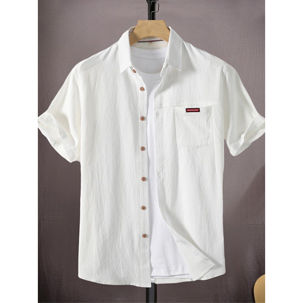 白色棉麻短袖衬衫男夏季新款男士纯棉半袖衬衣男生休闲纯色上衣服