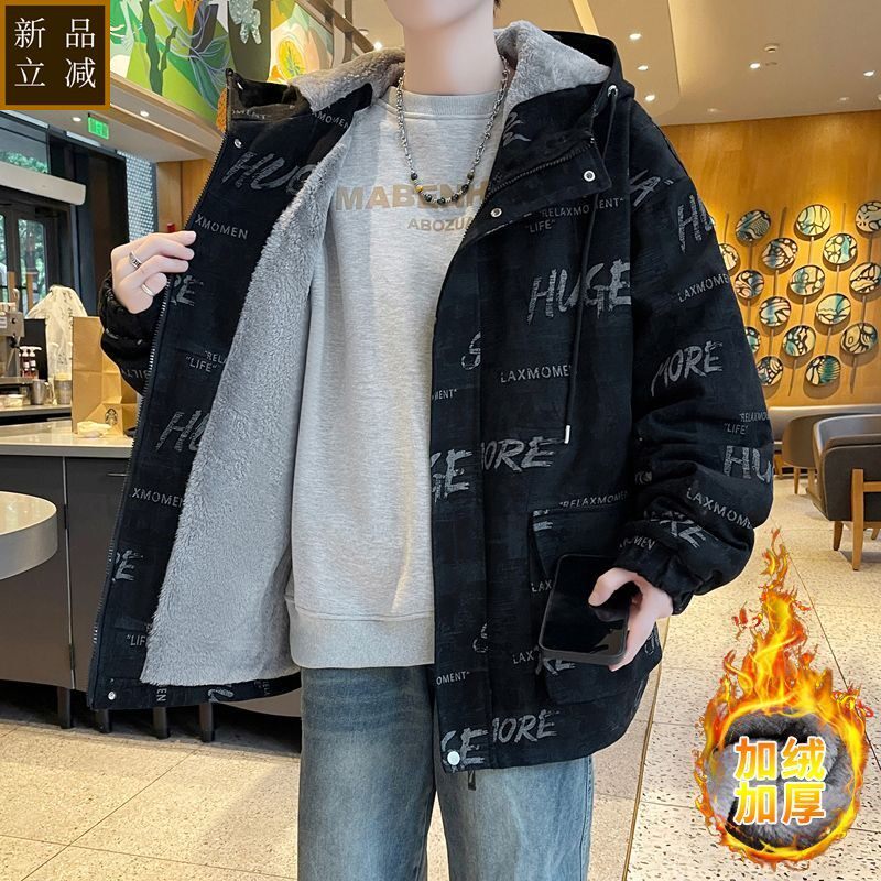 加绒加厚牛仔外套男孩初中高中学生秋冬新款潮流夹克连帽衣服男装