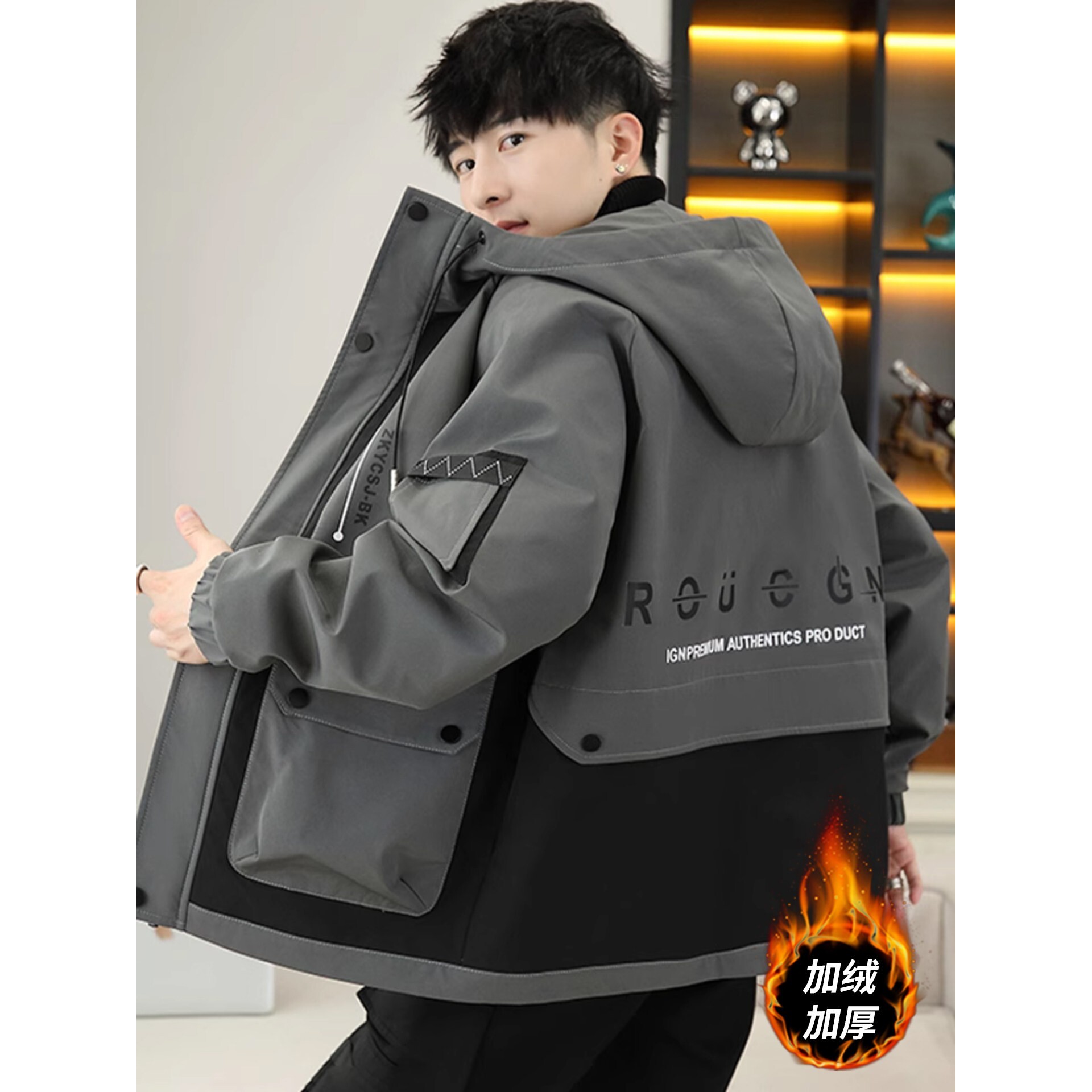 工装风夹克男款春秋季新款连帽外套男加绒加厚冬装宽松保暖派克服