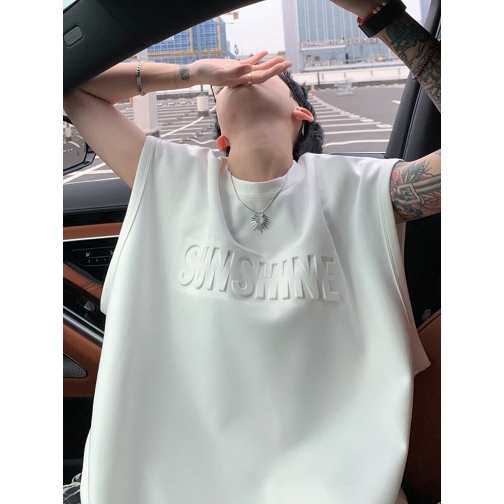 冰丝背心男款夏季字母钢印宽松无袖t恤男士潮牌运动健身坎肩汗衫