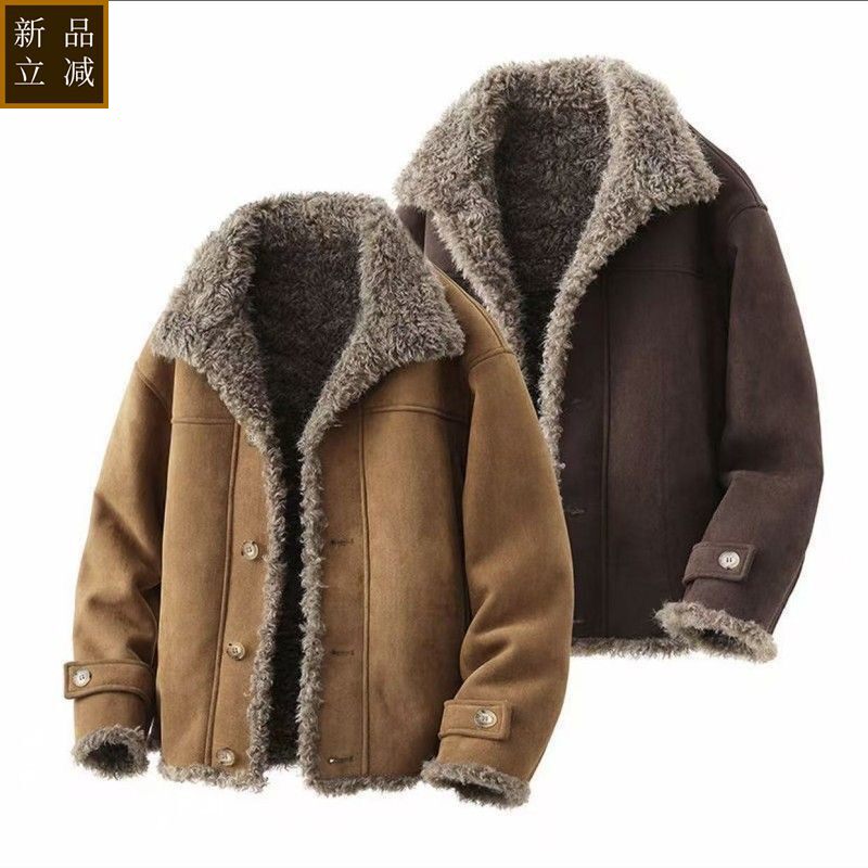 品质冬季男士宽松加绒加厚夹克青年皮毛一体机车服潮牌羊羔绒棉衣