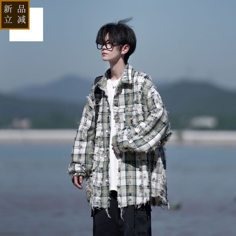 品质正品春秋新款港风大码外穿格子长袖衬衫国风衬衣外套男