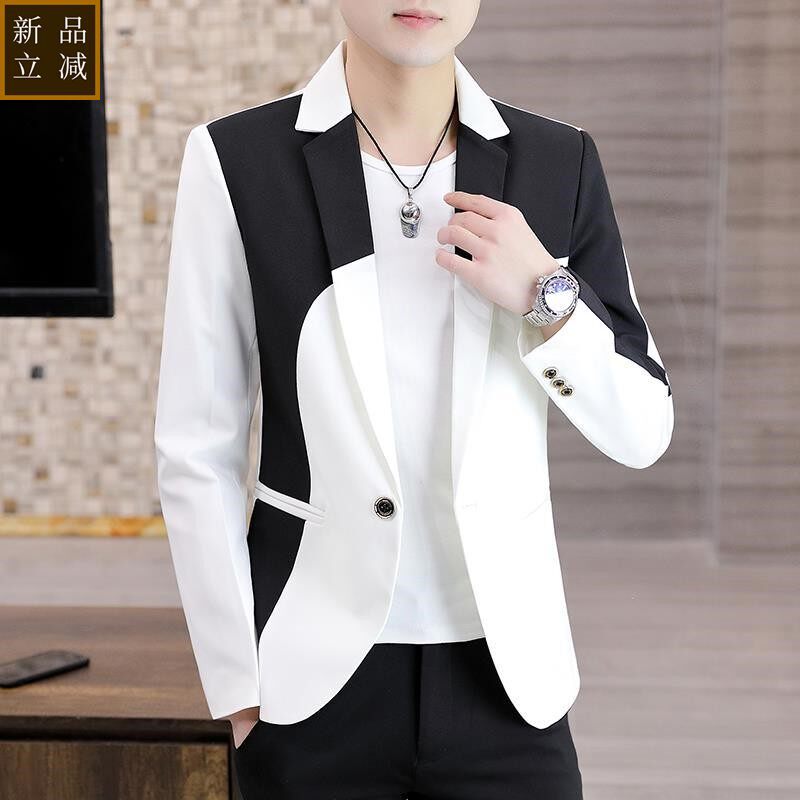 品质青年拼色黑白帅气修身西服春秋韩版潮流英伦男士小西装个性外
