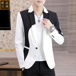 品质青年拼色黑白帅气修身西服春秋韩版潮流英伦男士小西装个性外