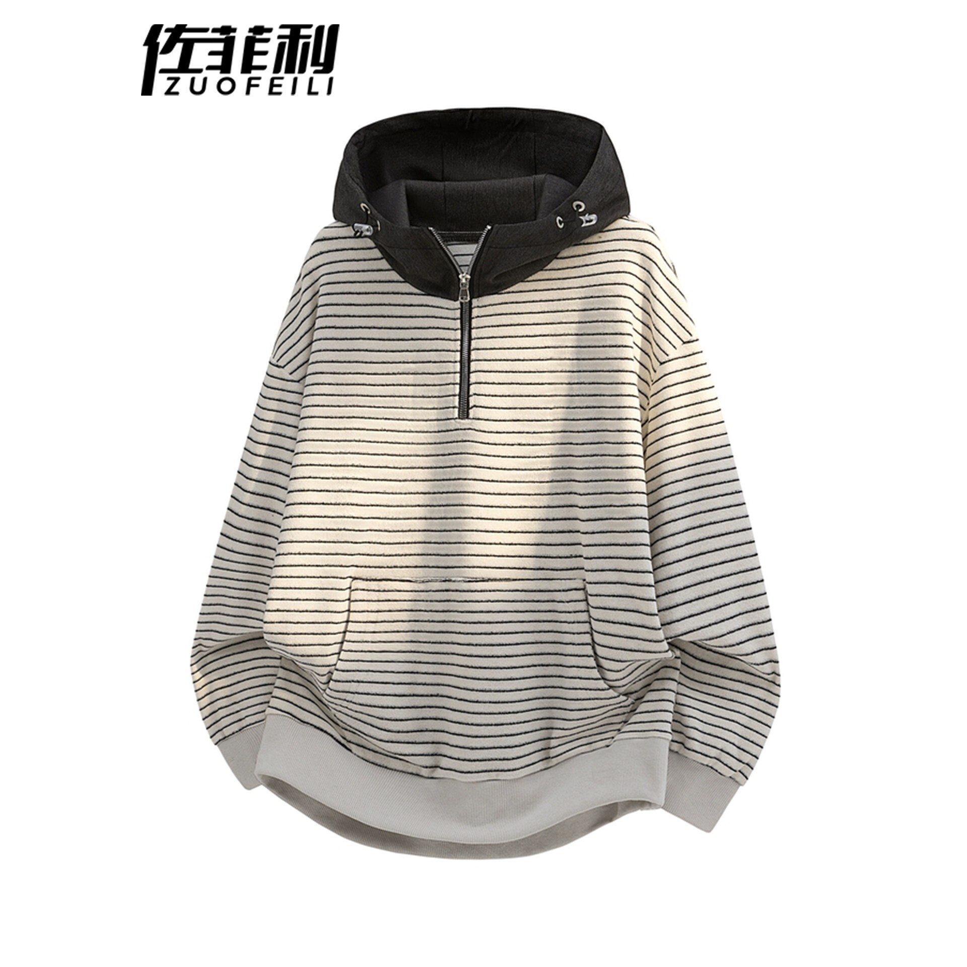 半拉链套头卫衣男春秋季新款连帽美式风条纹春装青少年半开襟外套