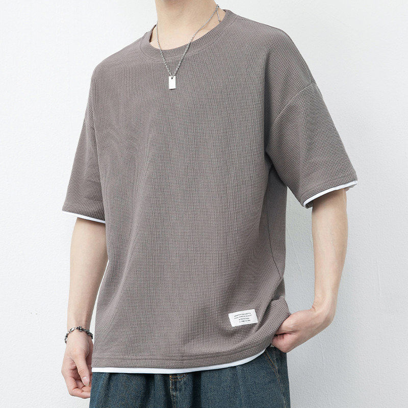 华夫格短袖t恤男款夏季日系重磅简约半袖衣服潮牌宽松冰丝体恤