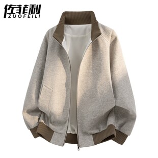 撞色立领夹克男春秋季极简短款毛呢子上衣服青少年美式风潮牌外套