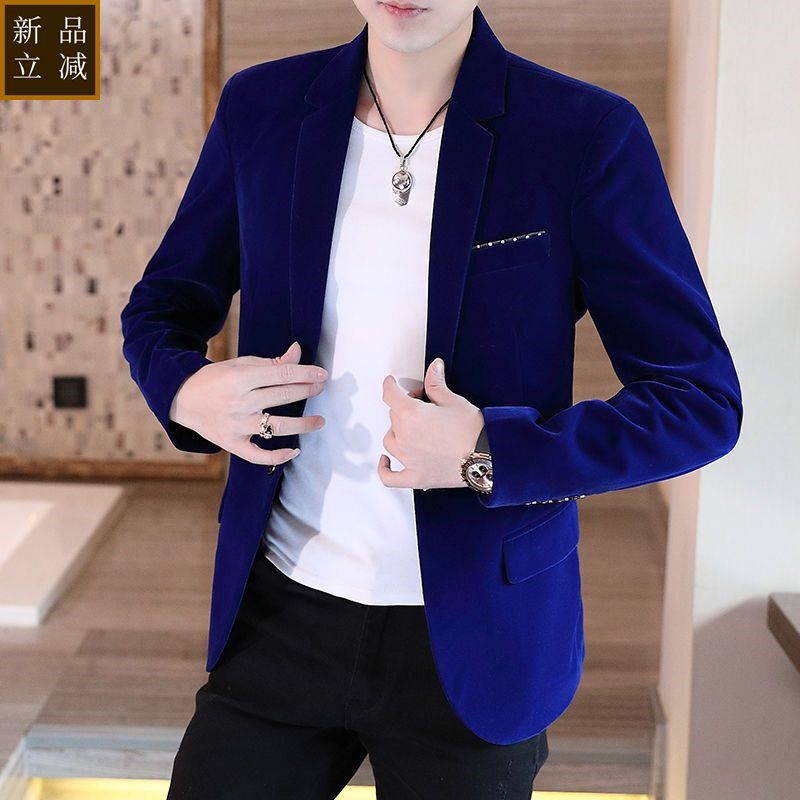品质春秋季男士休闲小西装男外套金丝绒韩版修身潮流青年单西帅气