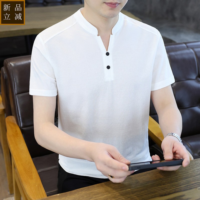 冰丝短袖t恤男士夏季2026新款韩版修身潮流休闲V领半袖POLO衫男款