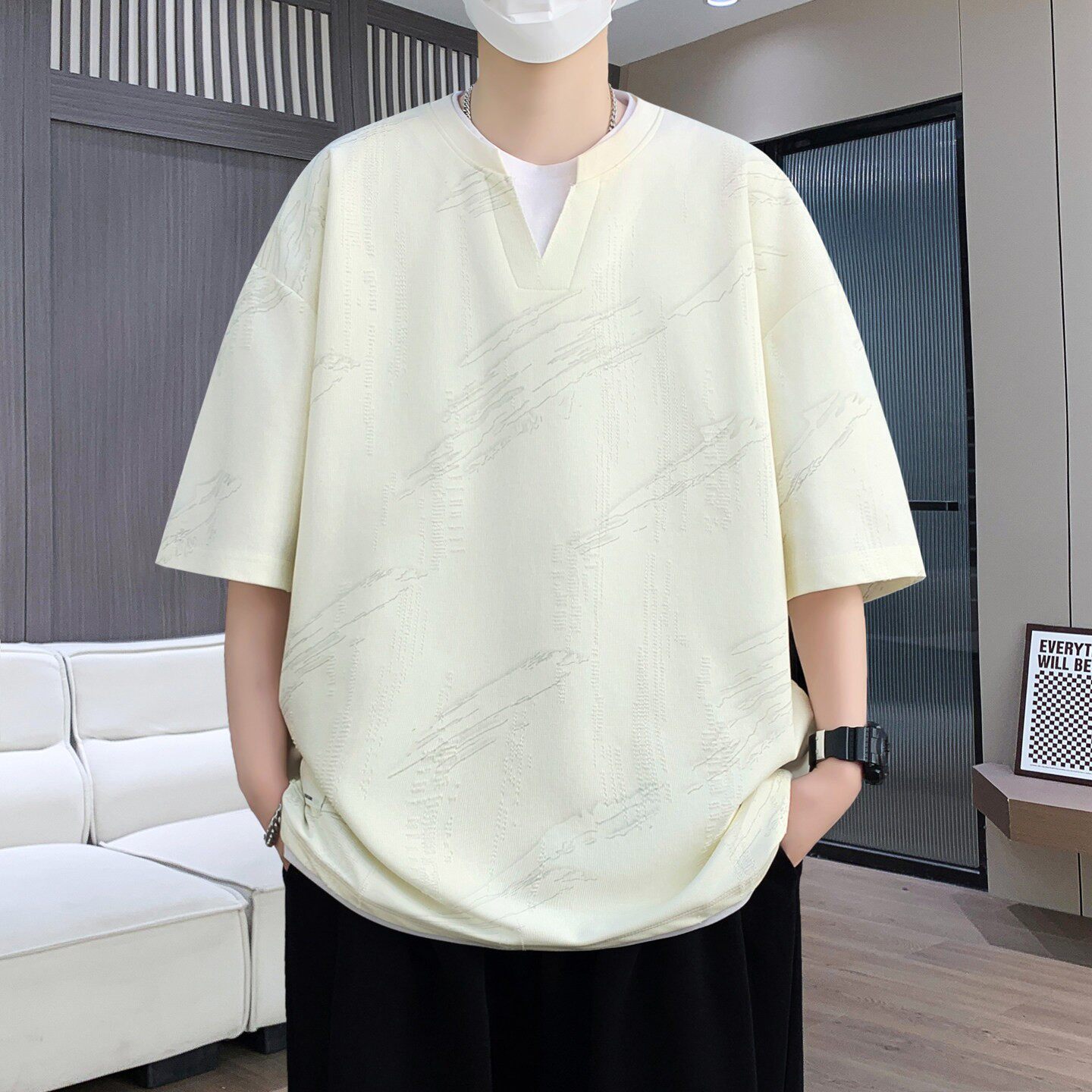 薄款夏季假两件t恤短袖男士青少年宽松打底衫粉色休闲体恤上衣潮
