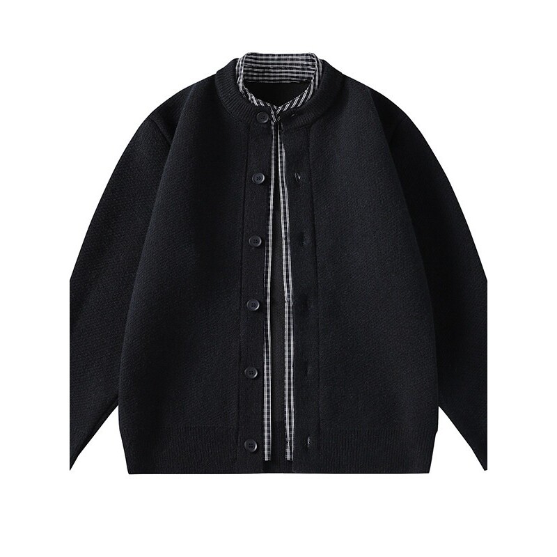 假两件开衫针织衫男宽松立领格子衬衫拼接毛衣外套纽扣款夹克卫衣