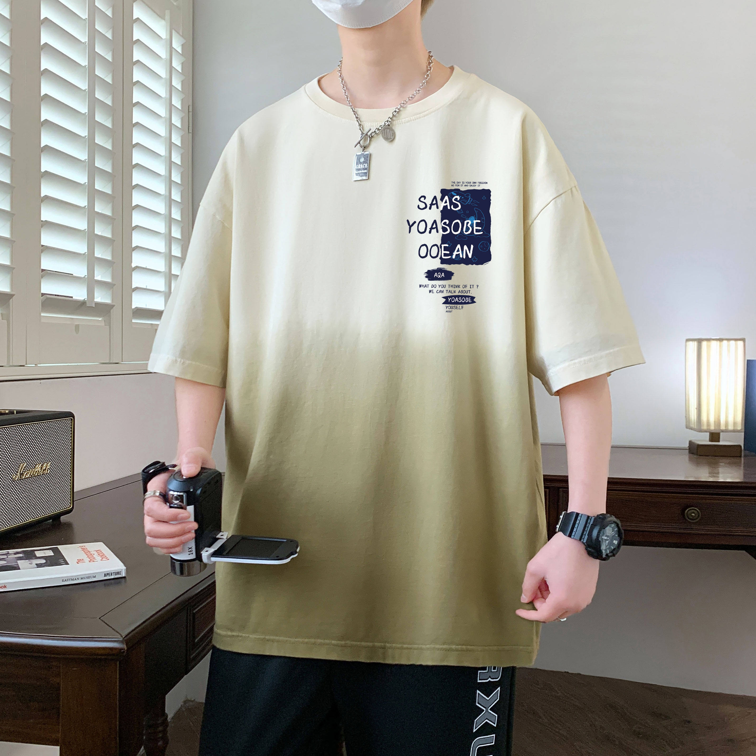 夏季薄款渐变半袖体恤初高中学生纯棉五分袖短袖t恤男青少年上衣