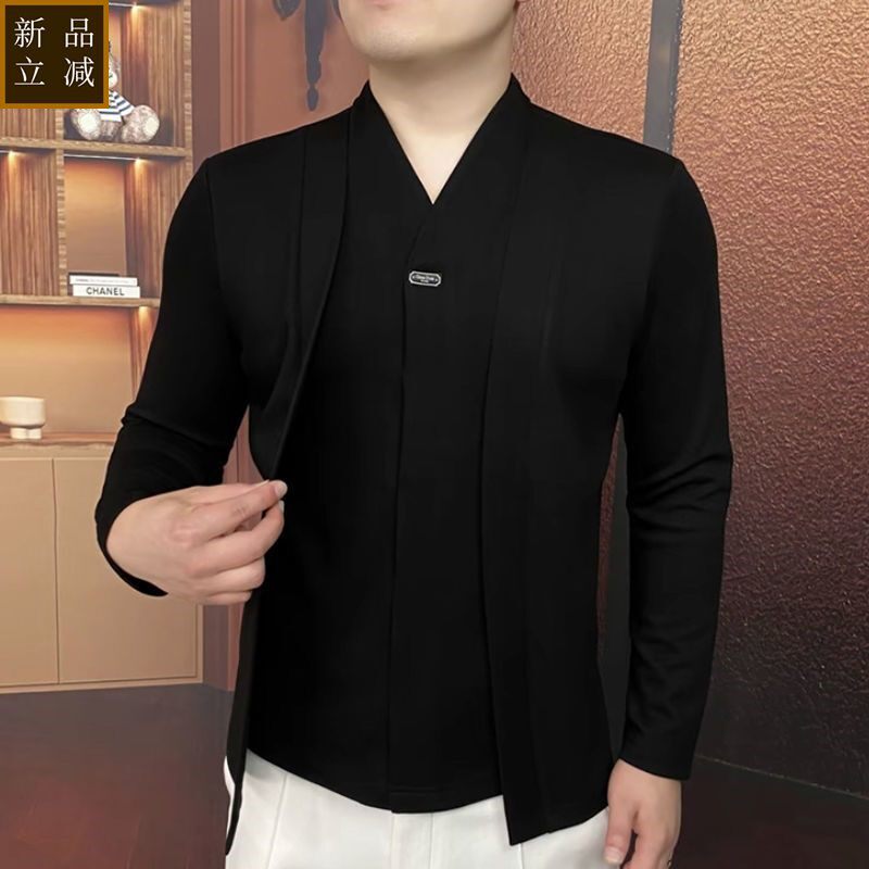 品质男士欧版V领长袖外套青年假两件拼接上衣春秋季休闲潮流帅气
