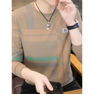 男士卫衣圆领套头春秋季新款条纹长袖T恤打底衫春秋薄款潮流上衣