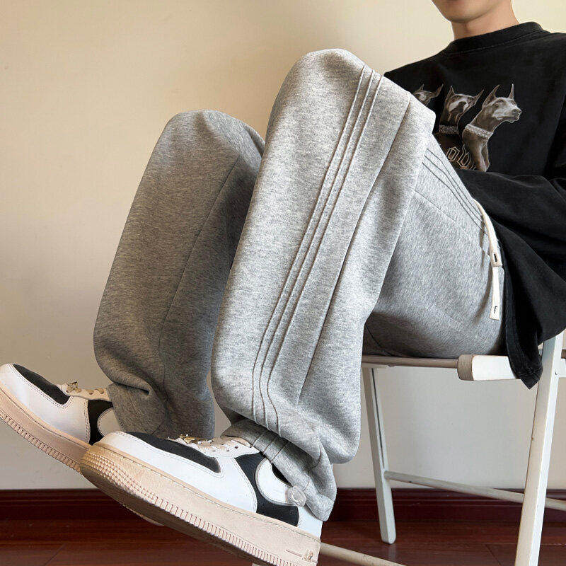 春季青少年帅气条纹直筒灰色卫裤宽松大码男孩学生抽绳休闲长裤子