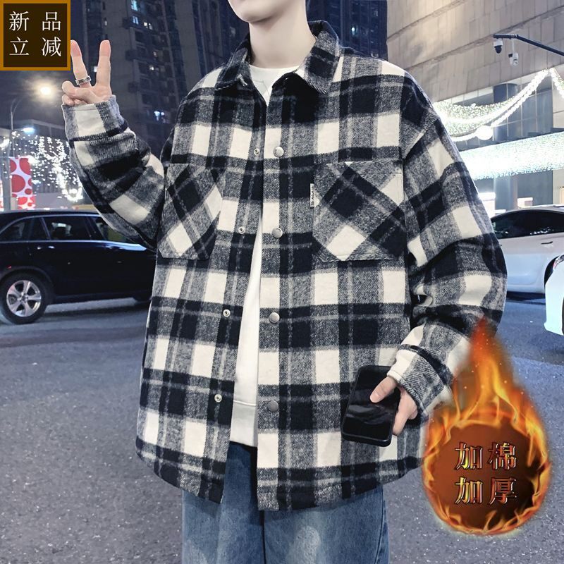 品质格子冬季加棉加厚休闲青少年时尚百搭潮流毛呢格子外套JM5866