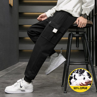 青少年冬季裤子工装羽绒裤男外穿加厚保暖棉裤初中高中学生运动裤