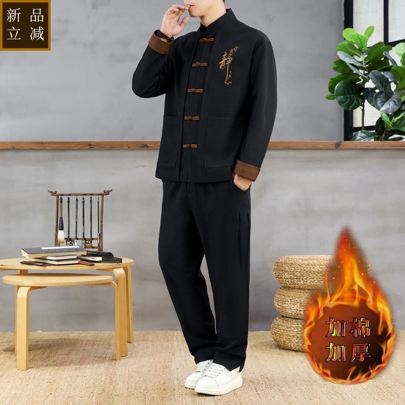 品质休闲套装男秋冬一整套外套男中国风2025爆款全套假两件加厚唐