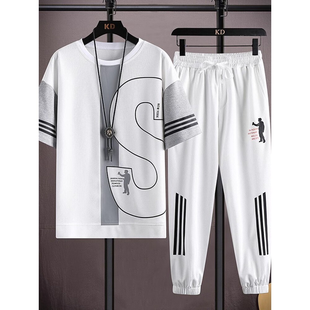 华夫格休闲运动套装男士夏季潮流短袖长裤两件套帅气搭配一套衣服